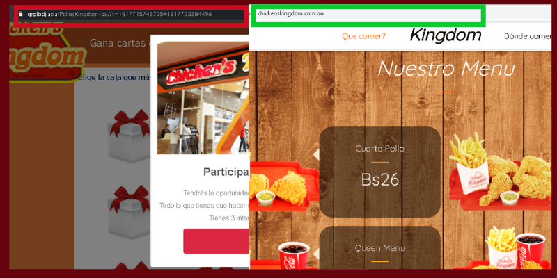 A la izquierda el sitio web con la información falsa, y a la derecha el dominio real de la página de Chicken’s Kingdom.