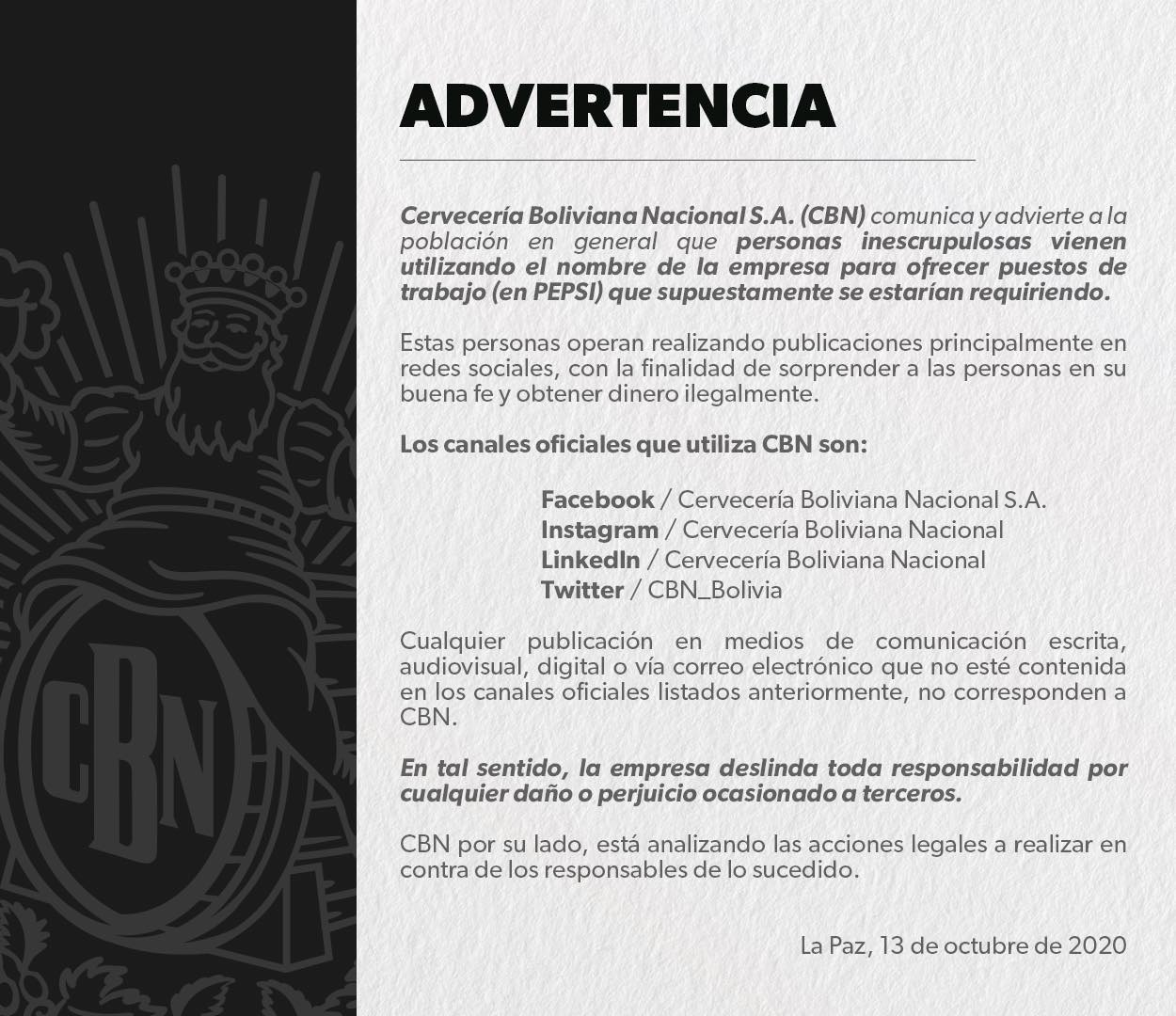 Advertencia de la CBN