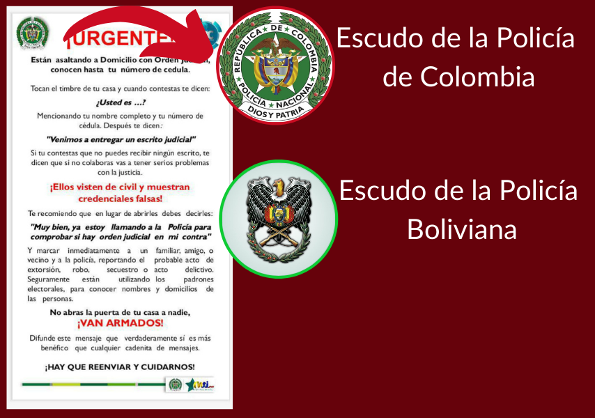 Captura de la imagen que se comparte en WhatsApp y los escudos de la Policía Boliviana y de Colombia.