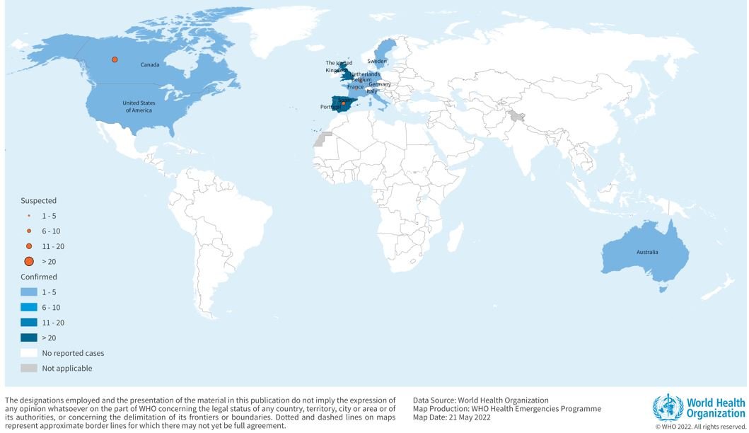 Distribución geográfica de los casos confirmados y sospechosos de viruela del mono en zonas no endémicas entre el 13 y el 21 de mayo de 2022