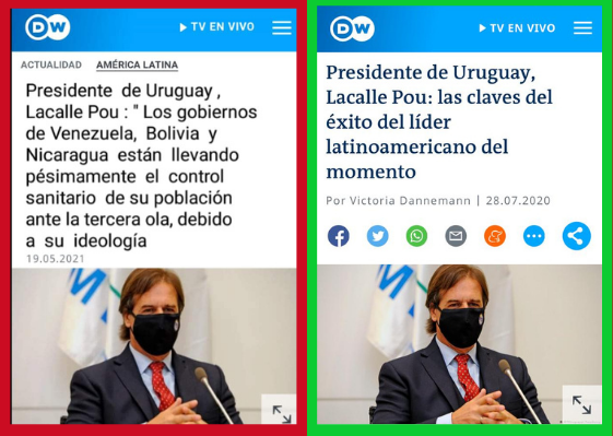 Comparaciòn entre la publicación falsa y otra verdadera de DW.