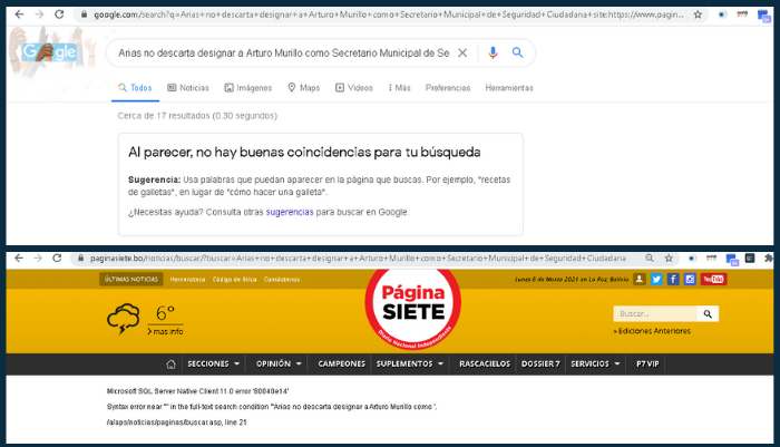 Capturas de los resultados de las búsquedas en el portal web de Página Siete.