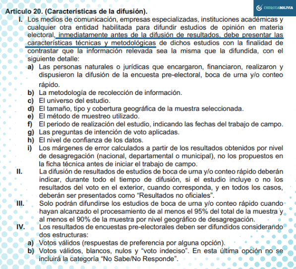 Art. 20 del Reglamento de elaboración y difusión de estudios de opinión en materia electoral en procesos electorales que establece los requerimientos para la publicación de una encuesta (Fuente: TSE)