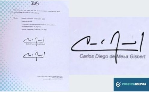 A la derecha la comparación de las firmas del documento que circula y la que se encuentra en Wikipedia, y a la izquierda la superposición de éstas. 