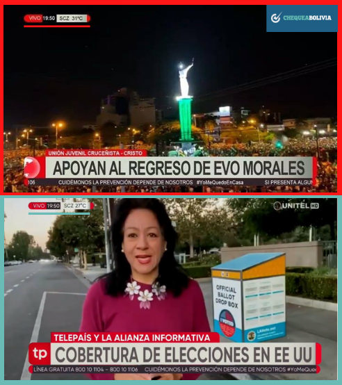 Comparación entre los datos de la publicación falsa que no coinciden con aquellos de la emisión de Unitel del 2 de noviembre 2020.