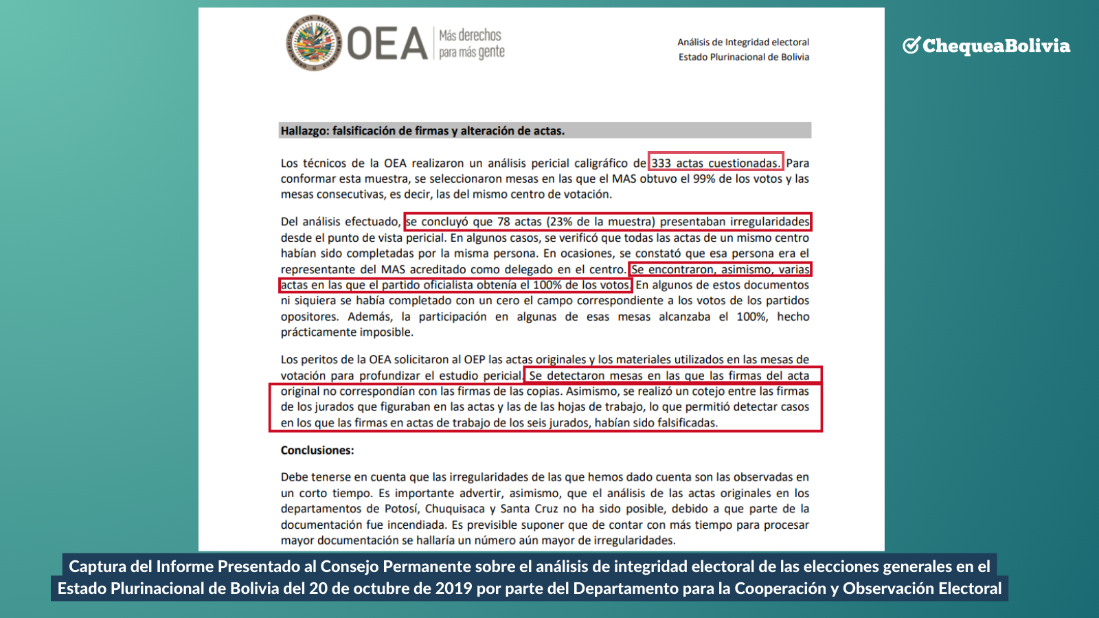 Foto de captura del informe preliminar de la OEA