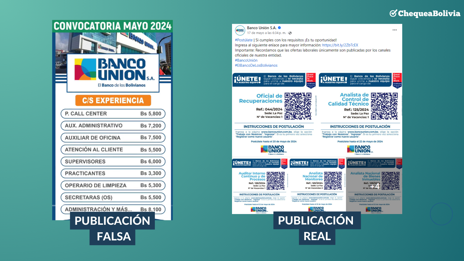 Comparación entre la convocatoria falsa de TikTok y una real en la página de Facebook del Banco Unión