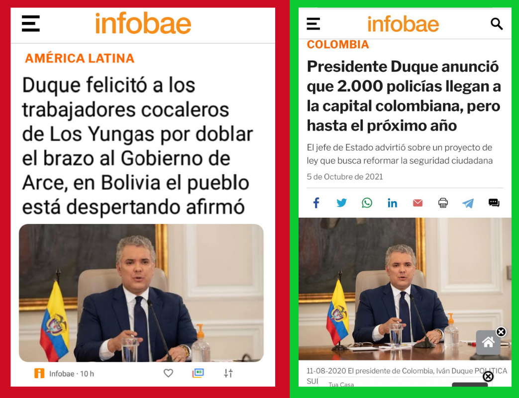 A la izquierda, la publicación falsa atribuida a Infobae, a la derecha, una real.