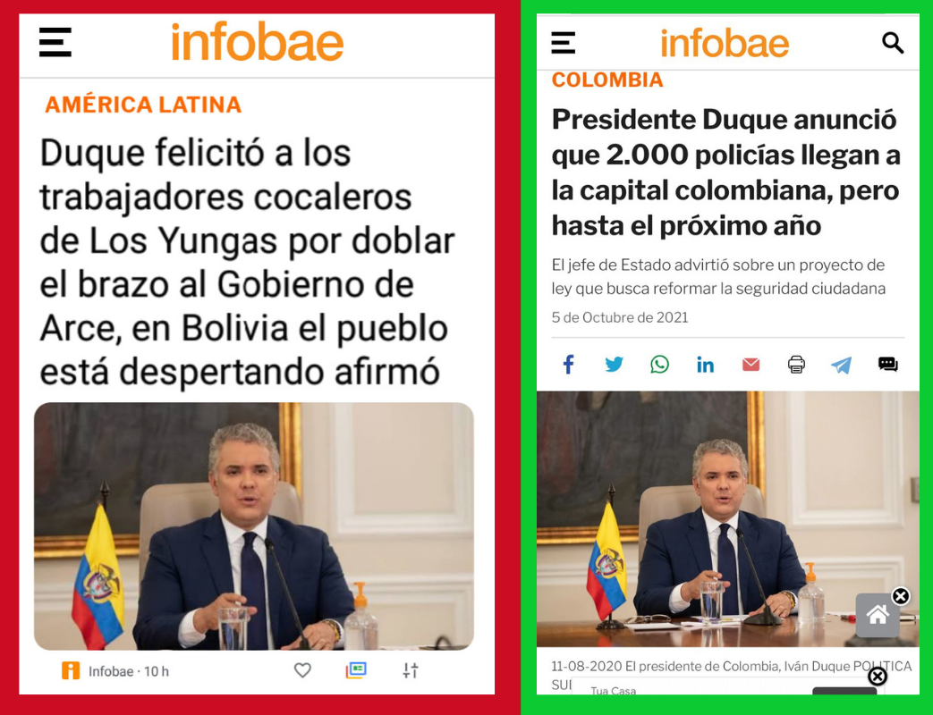 A la izquierda, la publicación falsa atribuida a Infobae, a la derecha, una real. 