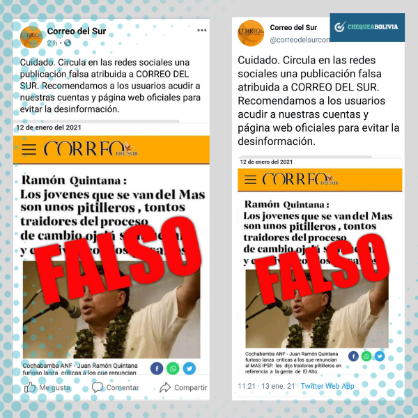 Publicaciones en Facebook (izquierda) y Twitter (derecha) de Correo Del Sur desmintiendo la información. 