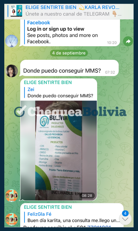 Karla Revollo compartiendo información sobre distribuidores de dióxido de cloro en Bolivia (Fuente: Canal de Telegram Elige Sentirme Bien).