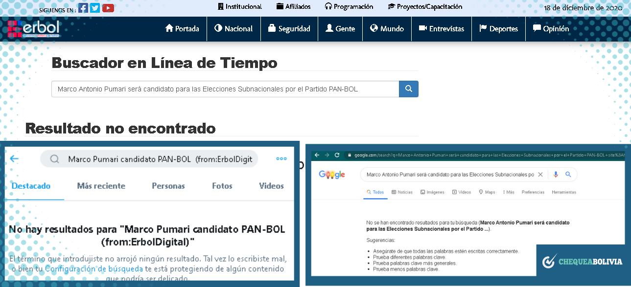 Captura de las búsquedas realizadas por ChequeaBolivia en las cuentas oficiales de Erbol.
