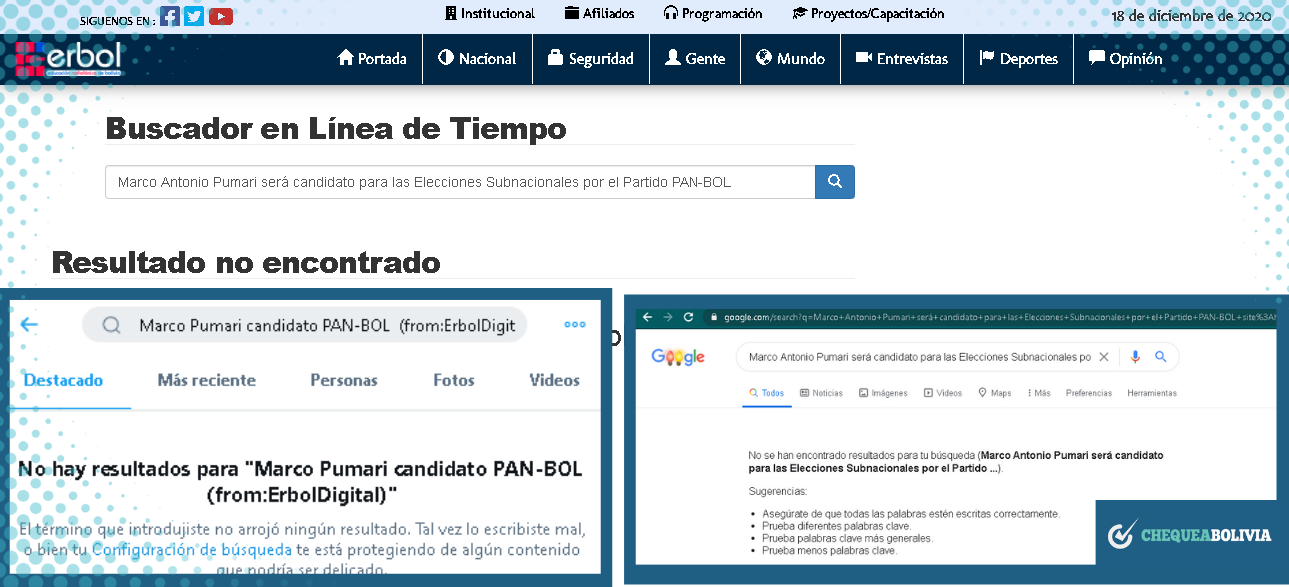 Captura de las búsquedas realizadas por ChequeaBolivia en las cuentas oficiales de Erbol. 