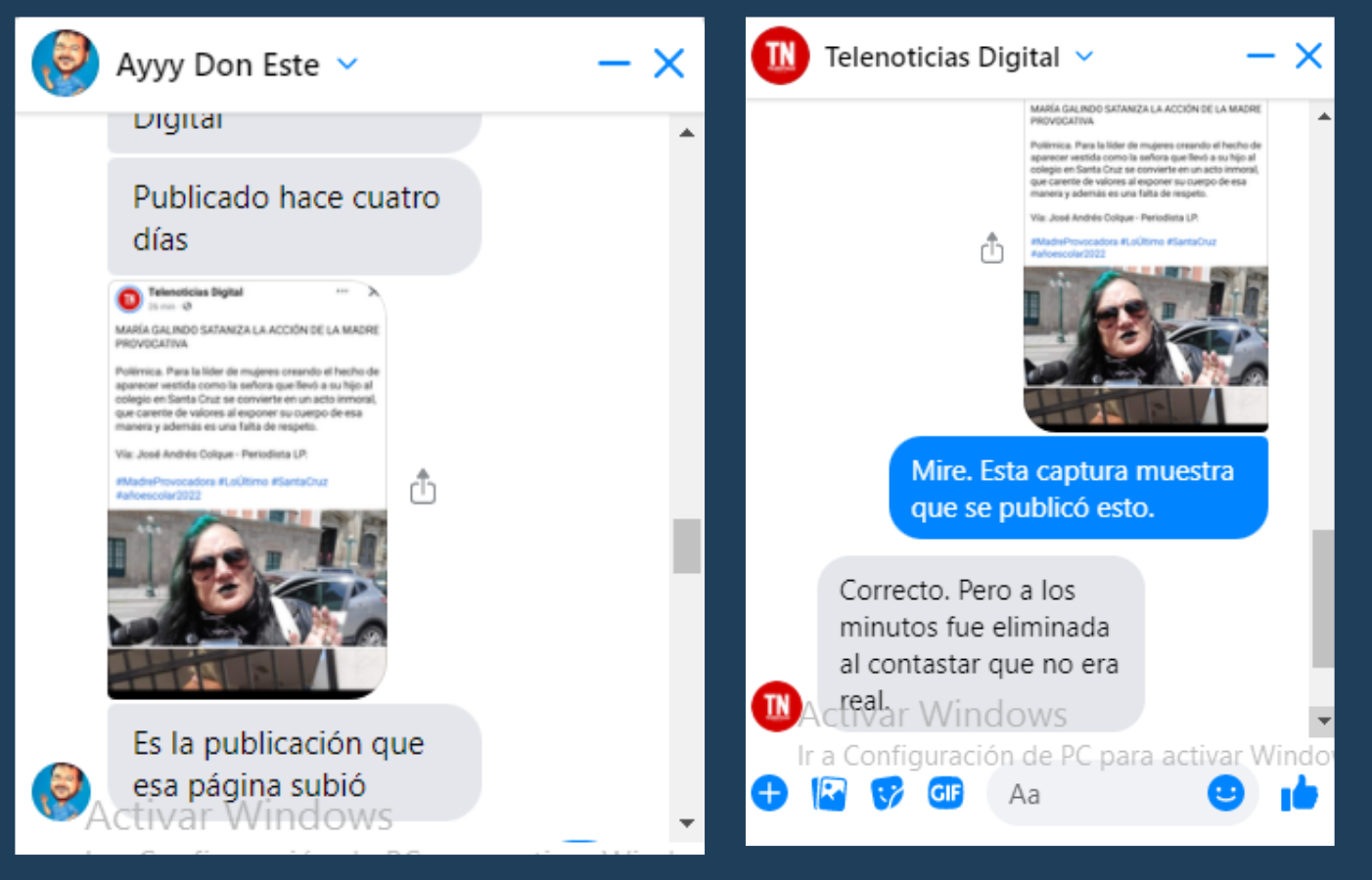 Capturas de las conversaciones con las páginas de Facebook que compartieron este contenido.