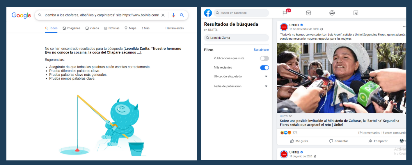 Capturas de las búsquedas realizadas por ChequeaBolivia.