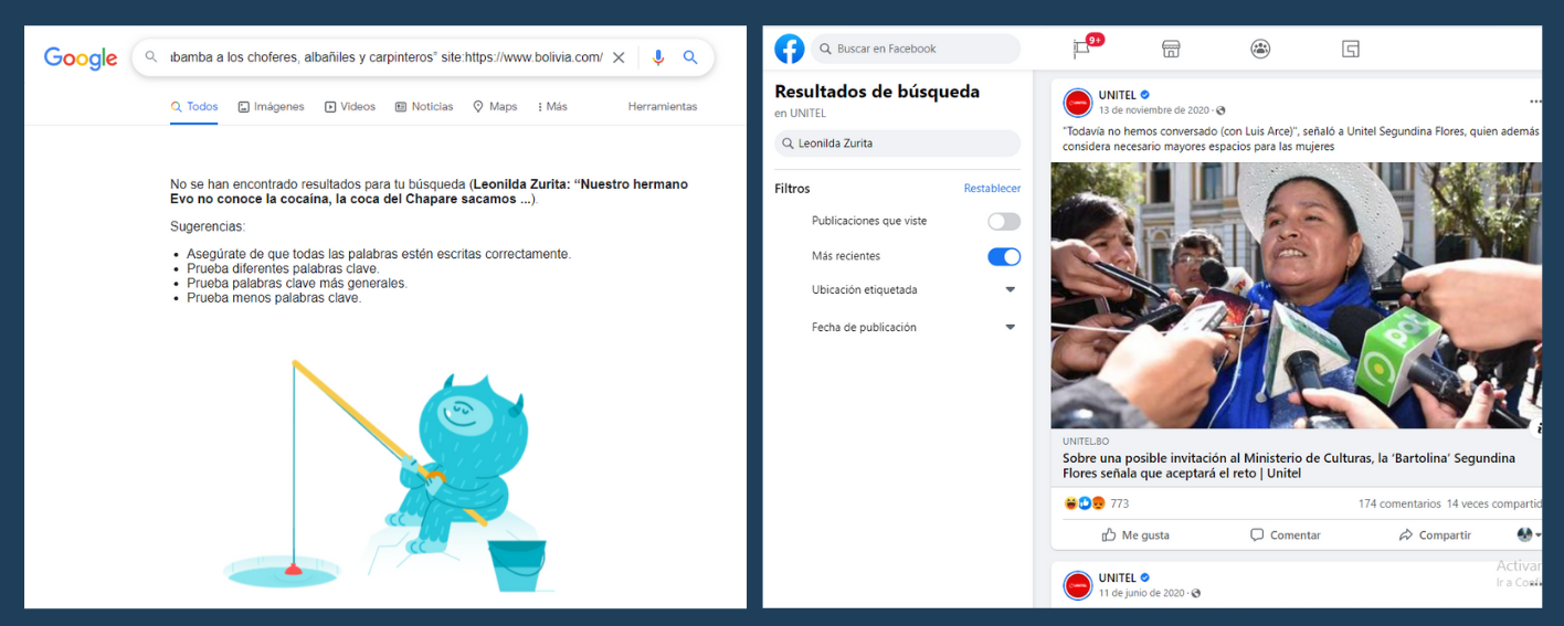 Capturas de las búsquedas realizadas por ChequeaBolivia. 