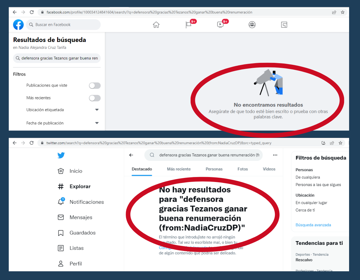 Captura de las búsquedas realizadas por ChequeaBolivia a la cuenta de Facebook y Ttwitter de Nadia Cruz. 