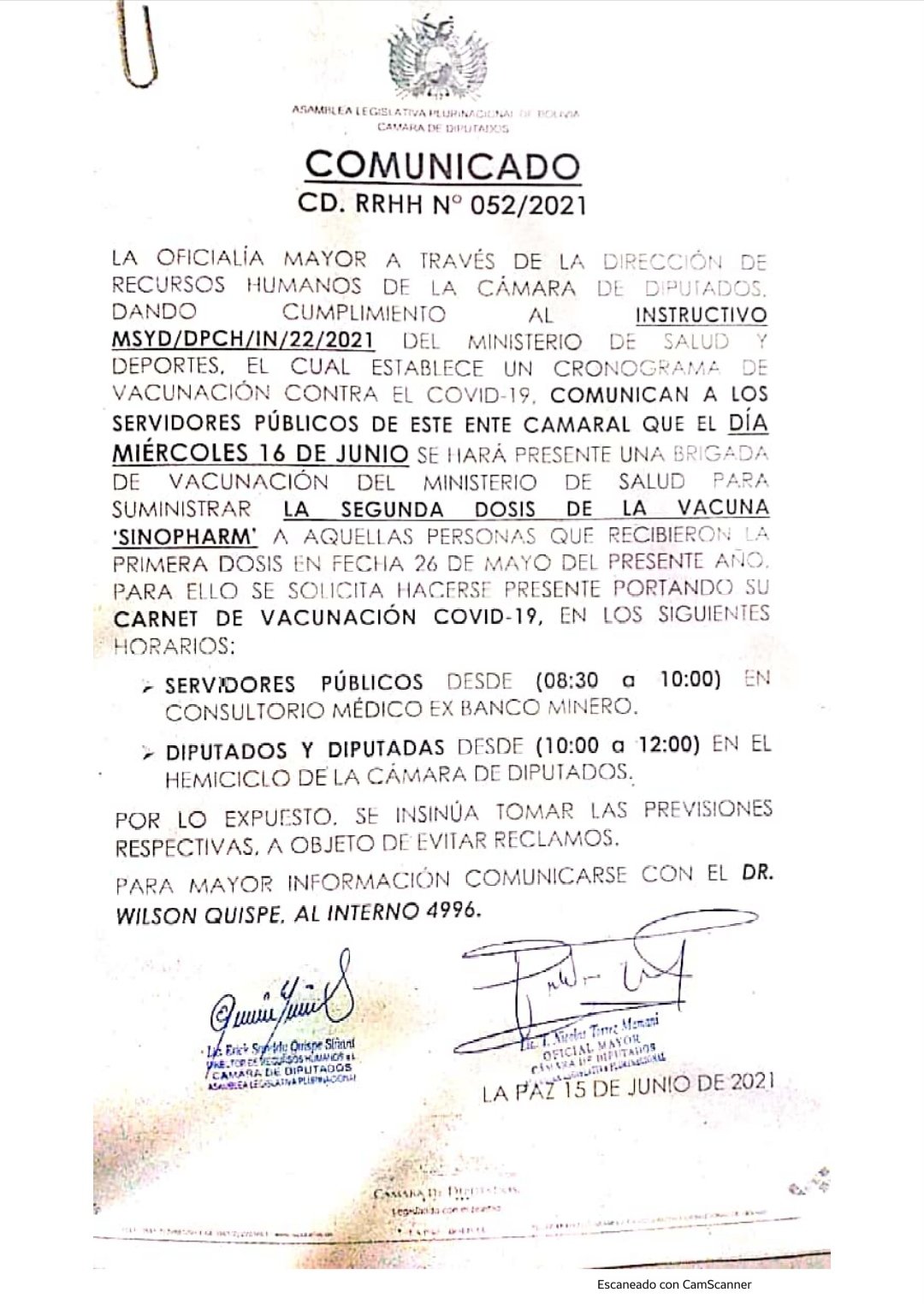 Comunicado difundido por Ormachea.