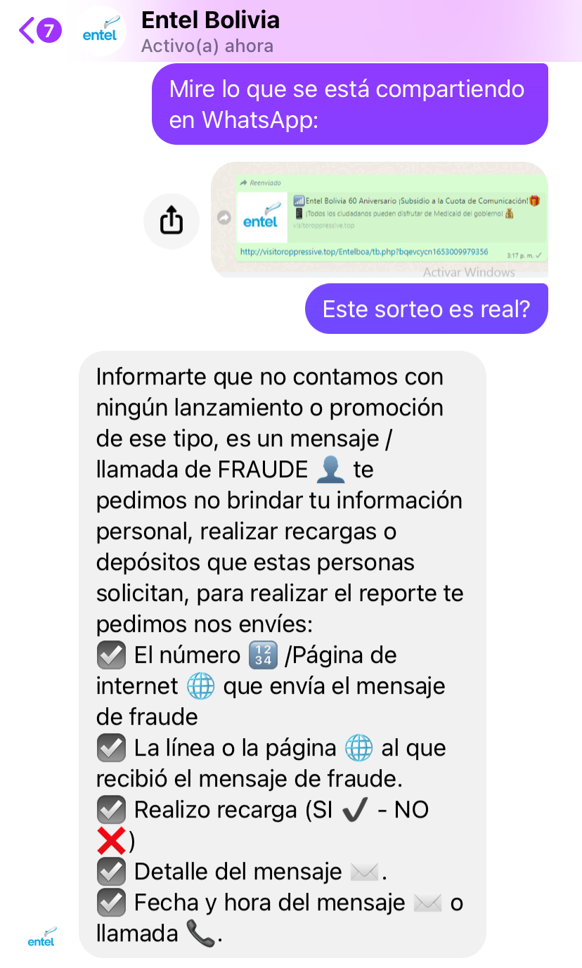 Respuesta de Entel mediante Facebook.