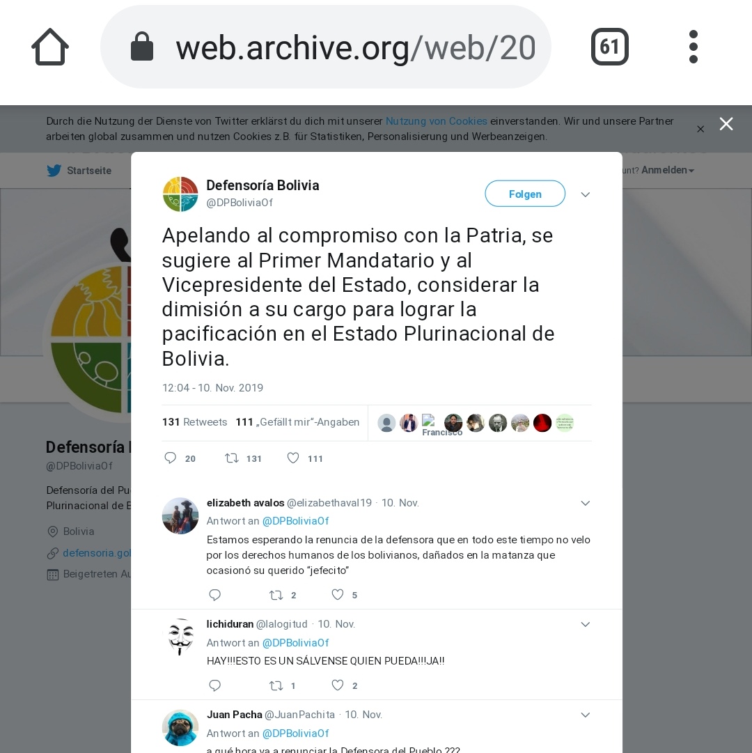 Captura del tuit de la Defensoría del Pueblo almacenado en Wayback Machine