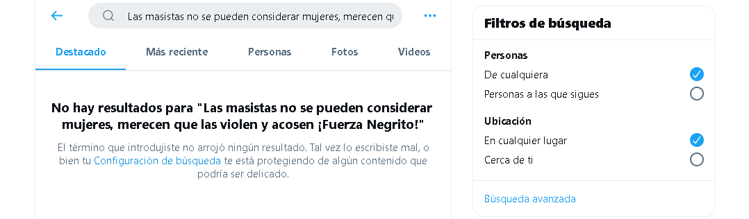 Captura de los resultados de la búsqueda en Twitter del texto del tuit falso.