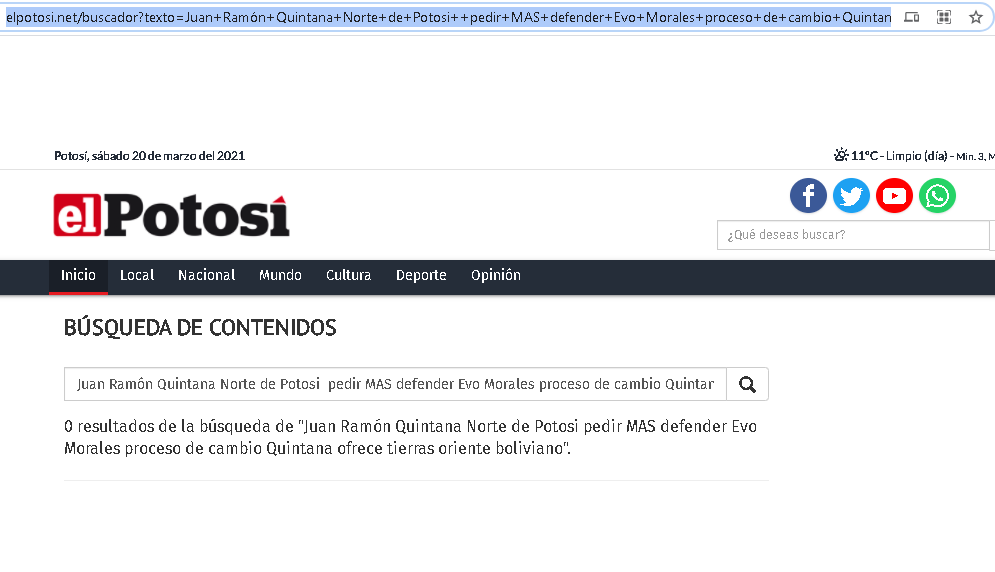 Captura de una de las búsquedas que realizó Chequea Bolivia en los medios oficiales de El Potosí.