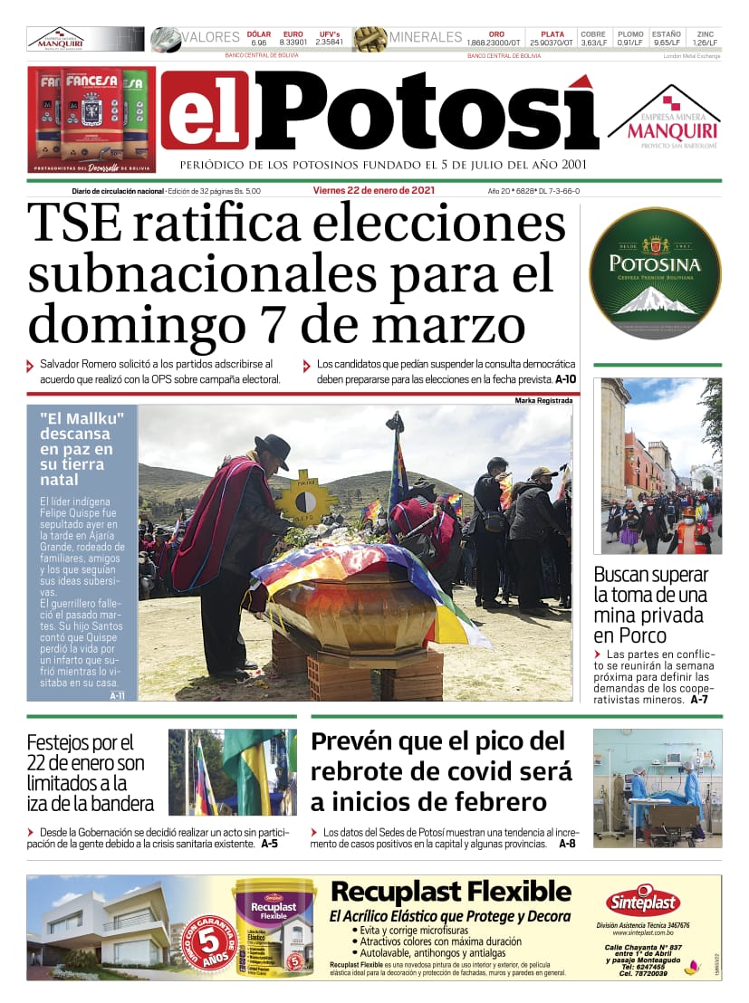 Portada de El Potosí del 22 de enero