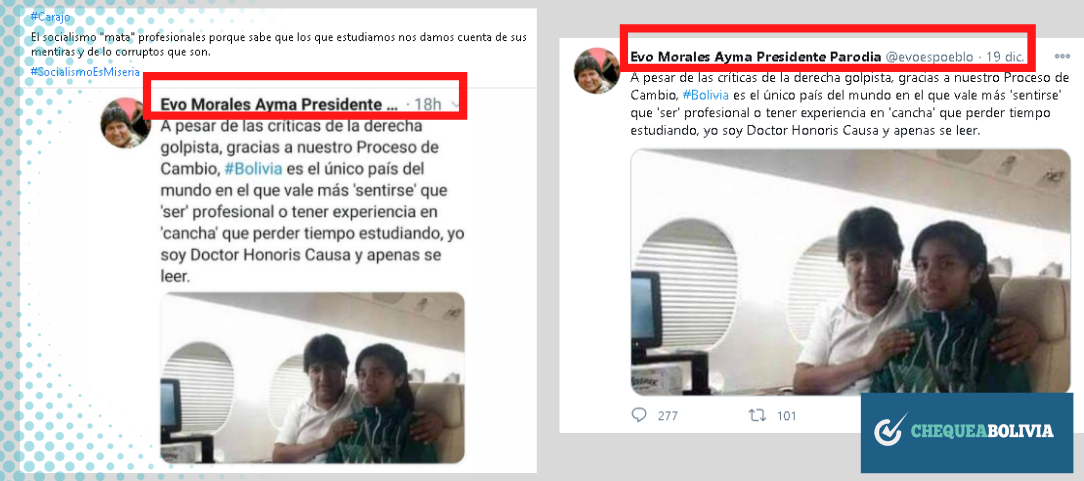 A la izquierda  la publicación que se comparte en Facebook y a la derecha el tuit de un usuario que se dedica a la parodia. 