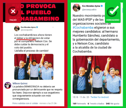 Comparación entre el tuit falso y uno verdadero de Evo Morales que usa la misma foto.