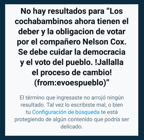 Resultados de la búsqueda avanzada en la cuenta oficial de  Twitter de Evo Morales. 