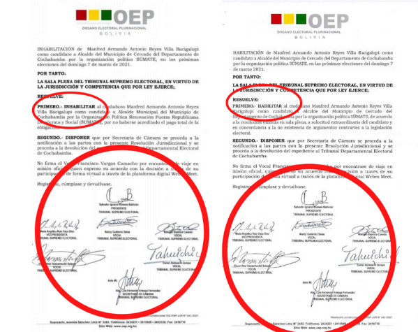 A la derecha el documento original del TSE y a la izquierda un falso.
