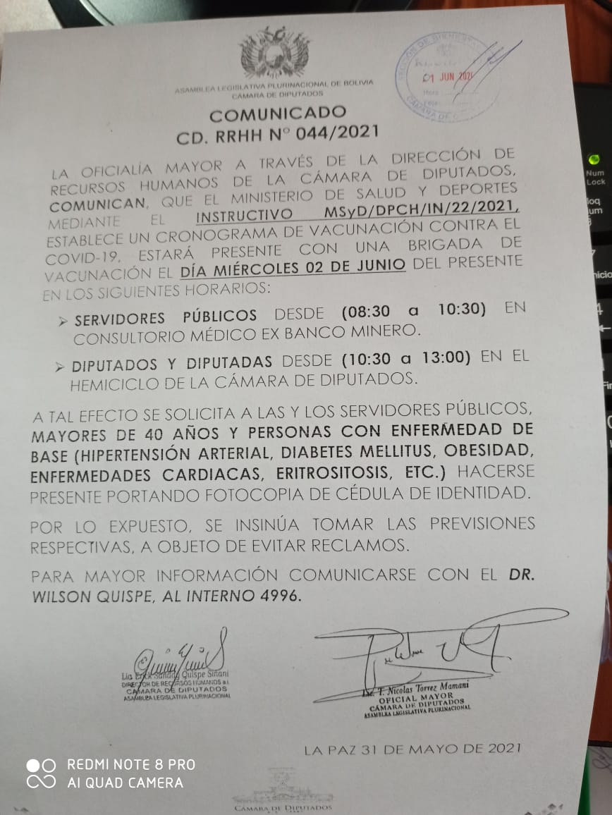 Comunicado de la Dirección de Recursos Humanos de la Cámara de Diputados