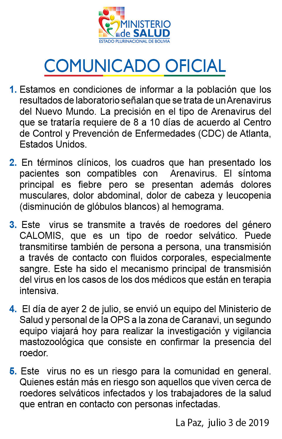 Comunicado oficial del Ministerio de Salud