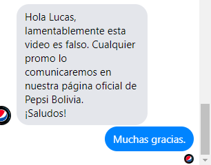 Repuesta que otorgó Pepsi al equipo de ChequeaBolivia. 