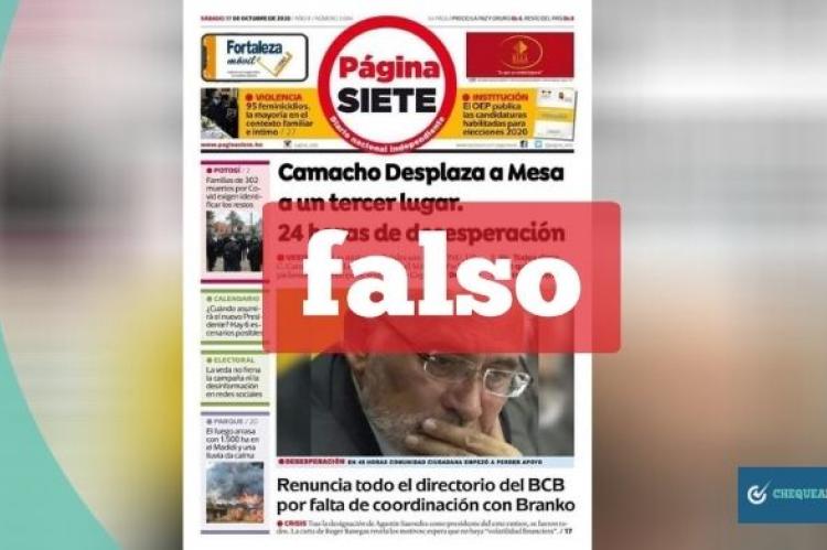 Captura de la portada falsa de Página Siete que circula en WhatsApp y Facebook. 