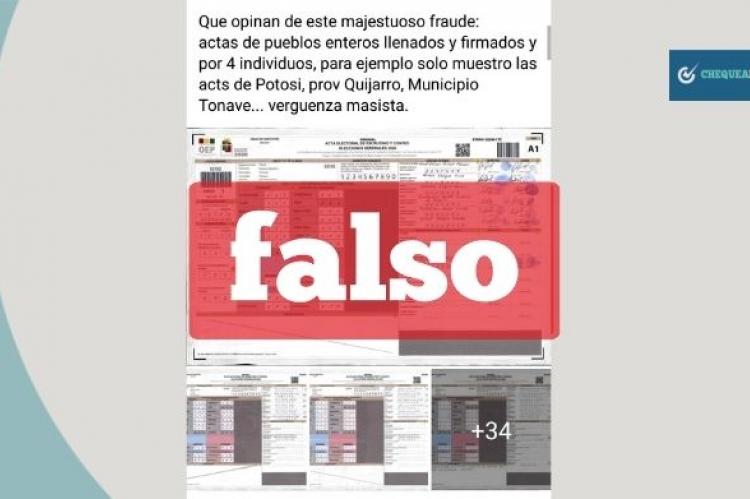 Captura de la publicación que difunde información falsa sobre actas en Potosí.