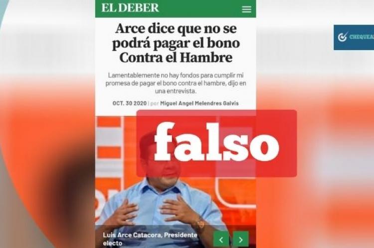 Captura de imagen que atribuye información falsa a el diario El Deber. 