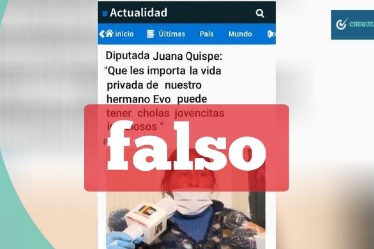 Captura de la noticia falsa que involucra a la diputada Juana Quispe y se comparte por Facebook. 