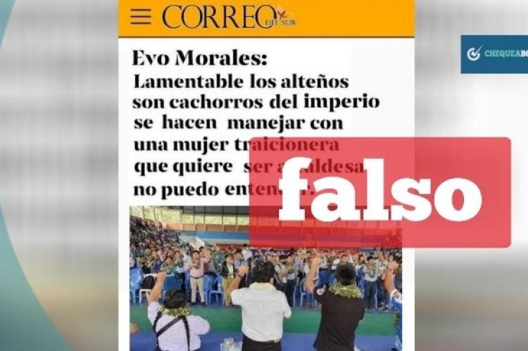 Captura de la publicación falsa que circula en redes sociales atribuida a Correo del Sur sobre declaraciones de Morales contra Eva Copa.