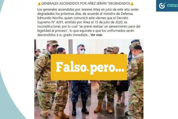 Publicación afirmando que se degradará a los militares que Añez ascendió