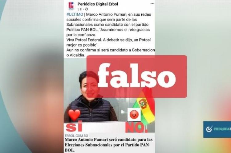 Captura de la nota falsa de Erbol anunciando la candidatura de Pumari con Pan-Bol y que se comparte en Facebook. 