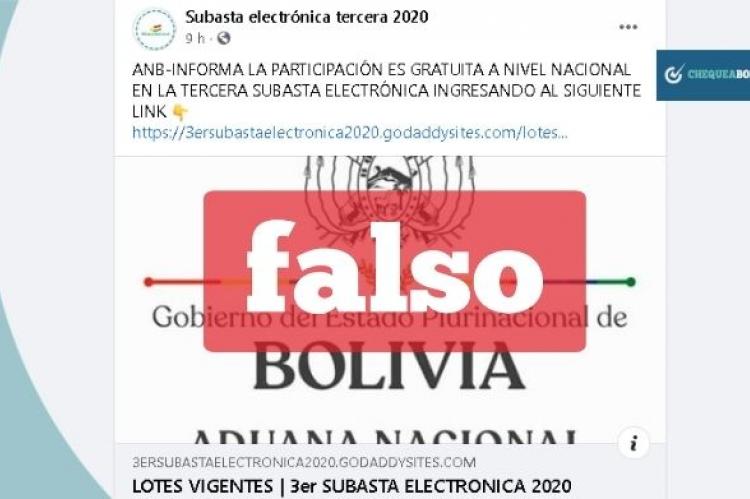 aptura de la publicación falsa que se hace pasar por la Aduana Nacional de Bolivia (ANB). 