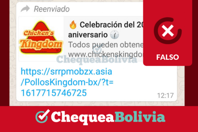 Captura del mensaje reenviado por WhatsApp que comparte información falsa sobre un sorteo de Chicken's Kingdom