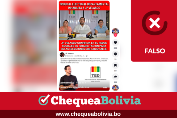 Es falso que Juan Pablo Velasco fue inhabilitado por el TED de Santa Cruz 