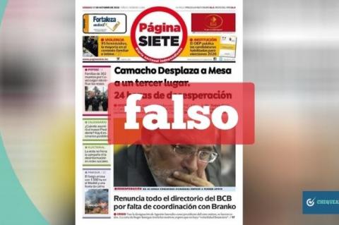 Captura de la portada falsa de Página Siete que circula en WhatsApp y Facebook. 