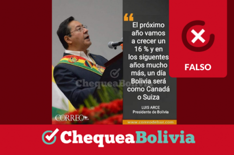 Imagen que se comparte y difunde falsamente que Luis Arce prometió que “un día Bolivia será como Canadá o Suiza”.