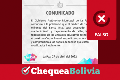 Comunicado falso de la Alcaldía de La Paz que circula por WhatsApp. 