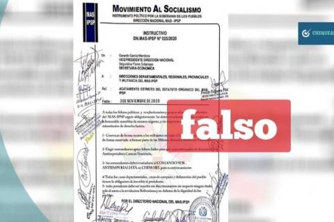 Captura del documento falso que se comparte e involucra al MAS con una convocatoria para formar milicias armadas. 