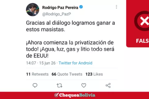 Publicación de X falsa atribuida a Rodrigo Paz.