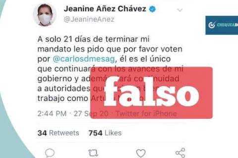 Captura del tuit falso de Áñez que se comparten usuarios de Facebook. 